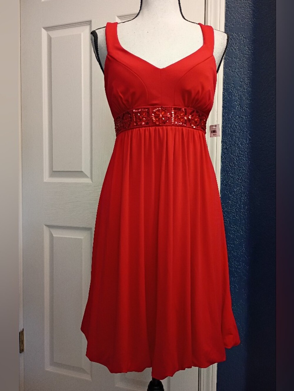 Bisou Bisou Red Sleeveless Empire Waist Dress with Beaded Band